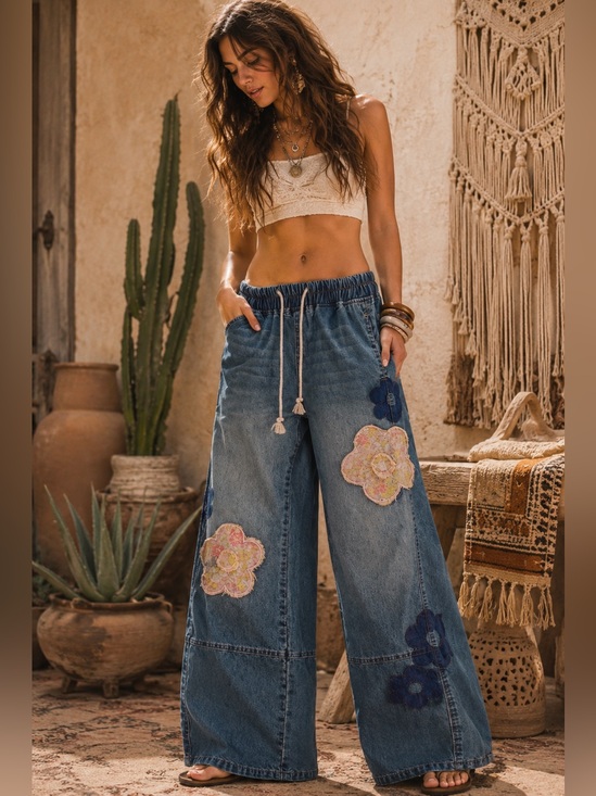Denim - Floral patchwork pants wide leg denim wash jogger